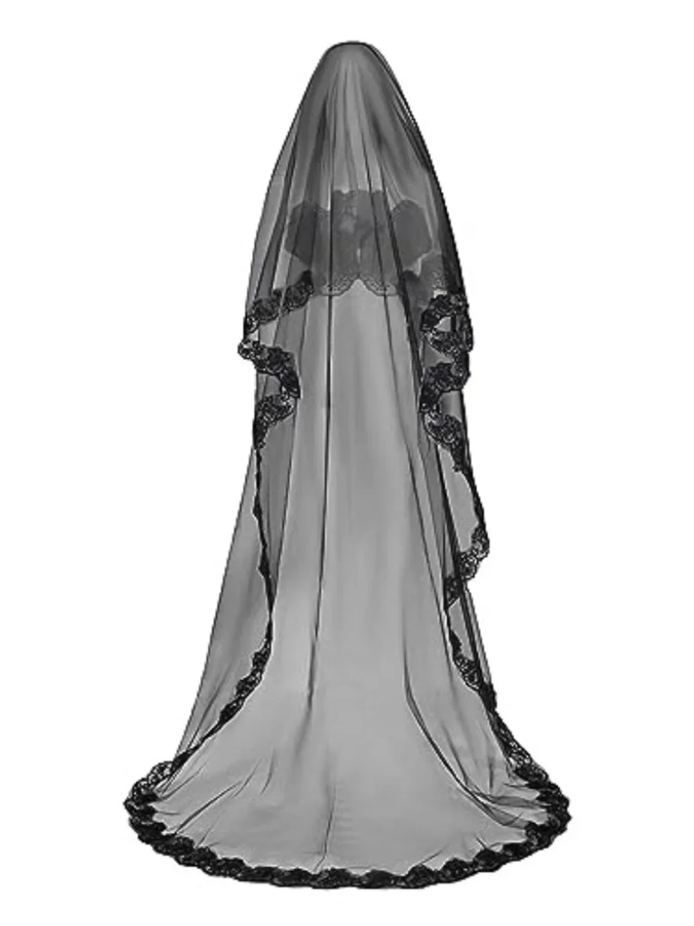 Black Lace Bridal Veil Long Tulle Wedding Shawl Halloween Witch Cos Headdress